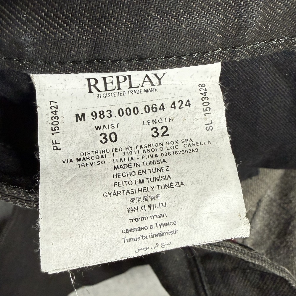Replay Jeans Mens 30x32 Black Waitom Slim Fit Denim Button Fly Straight Pants - Picture 10 of 16